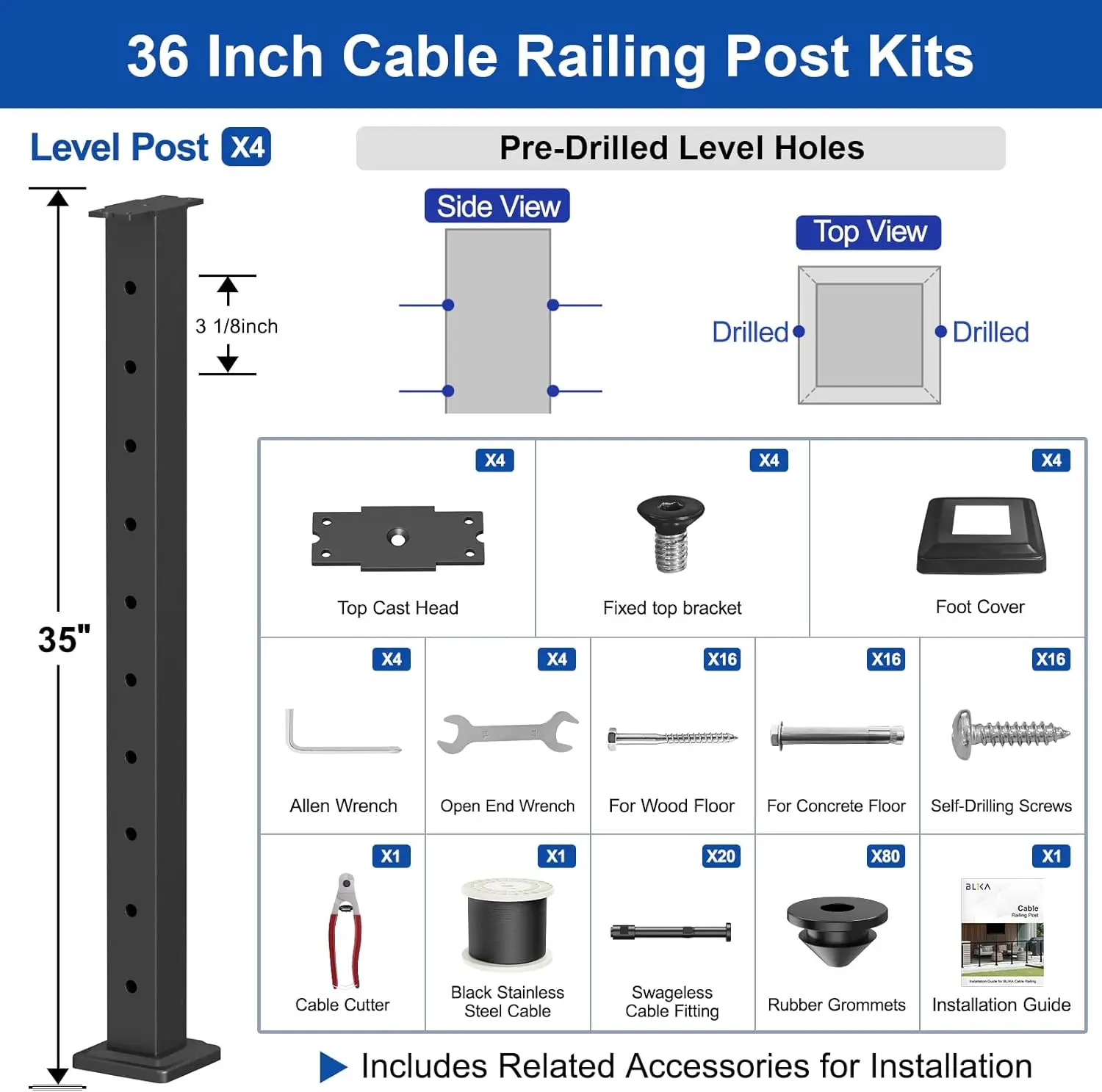 Complete Set 36" Cable Railing Post Kit(Post 35"x2"x2"), Black Level Drilled Cable Railing Post, Swageless Deck Railing System