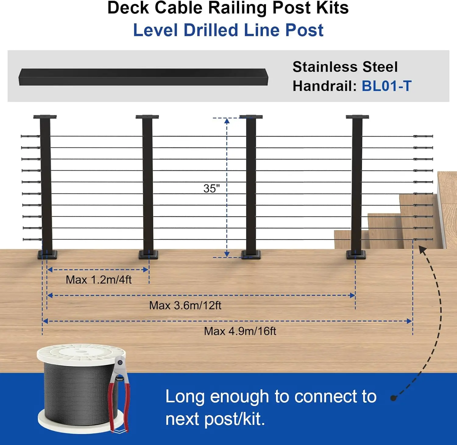 Complete Set 36" Cable Railing Post Kit(Post 35"x2"x2"), Black Level Drilled Cable Railing Post, Swageless Deck Railing System