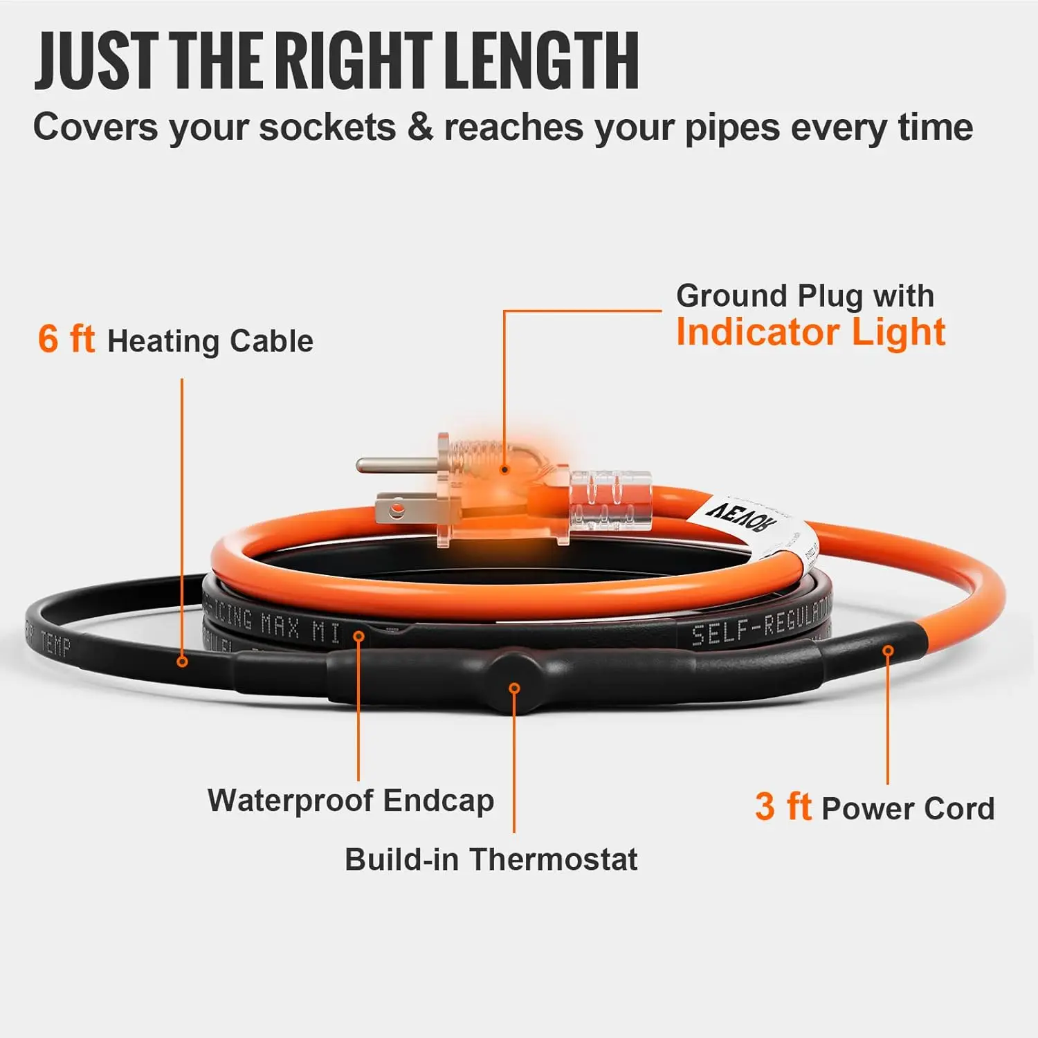 Self-Regulating Pipe Heating Cable,6-feet 5W/ft Heat Tape for Pipes Freeze Protection, Protects PVC Hose, Metal and Plastic Pipe