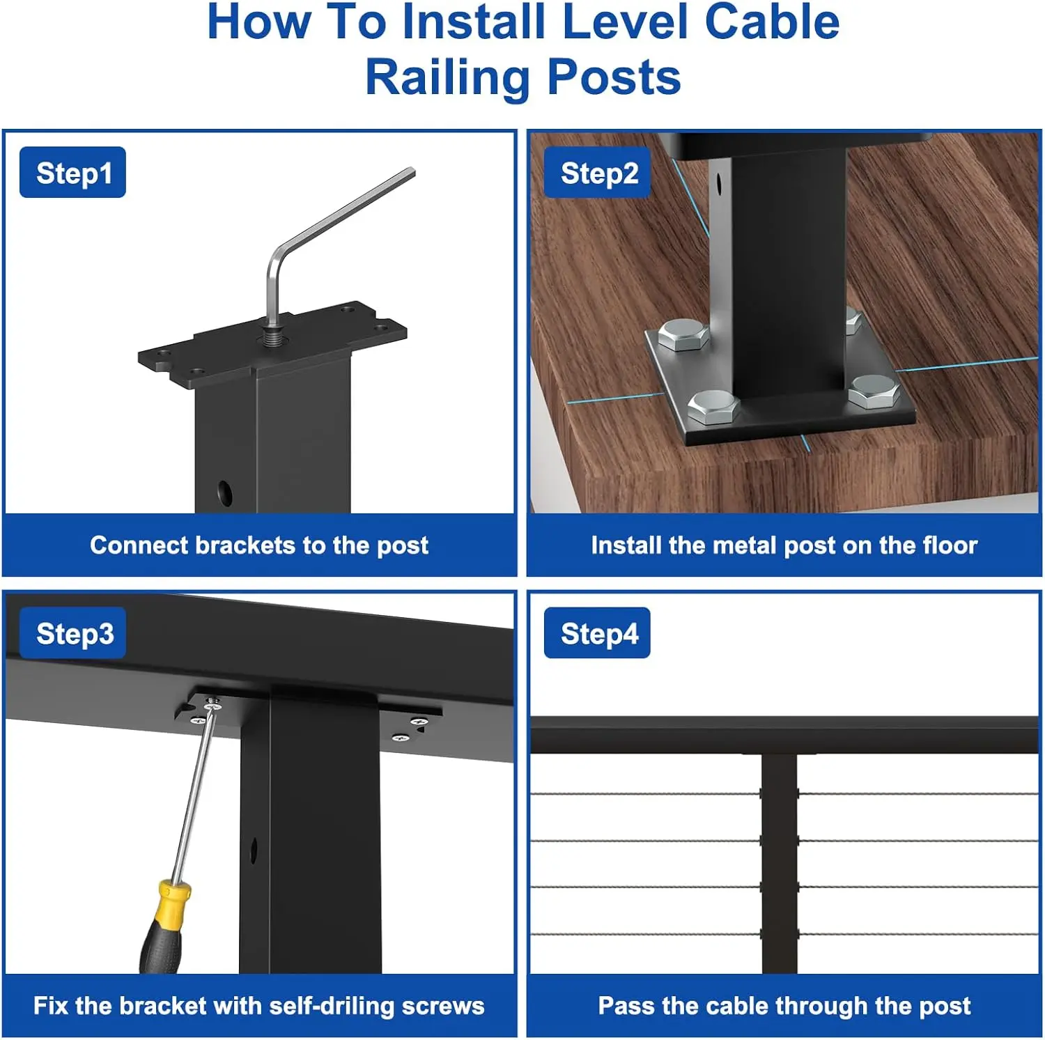 Complete Set 36" Cable Railing Post Kit(Post 35"x2"x2"), Black Level Drilled Cable Railing Post, Swageless Deck Railing System