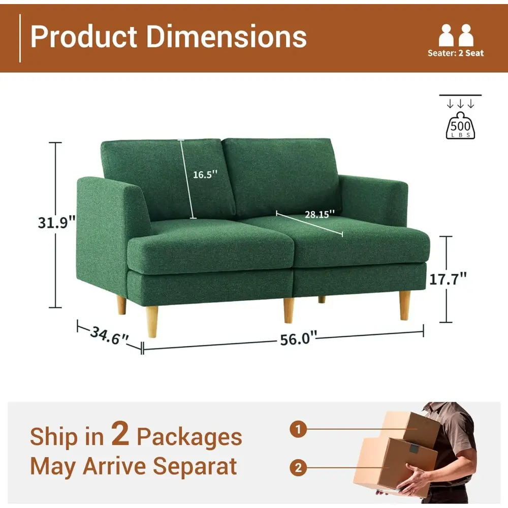 loveseat sofa 56" mid century modern small couches for small spaces love seat with 2-seat upholstered cushion sofa couches for b