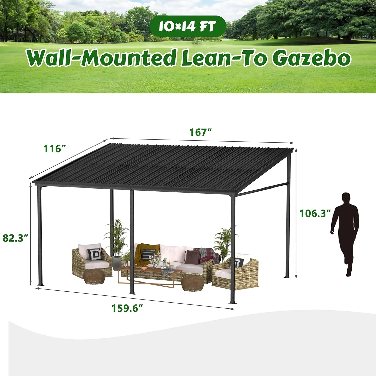 10x14 FT Hardtop Wall-Mounted Full Metal Roof Gazebo with Triangle Structure, Outdoor Pergola Canopy with Iron Frame