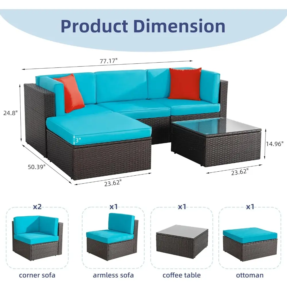 5 piece furniture sets, all-weather brown pe wicker outdoor couch sectional small patio conversation garden sofa set w/ottoman,