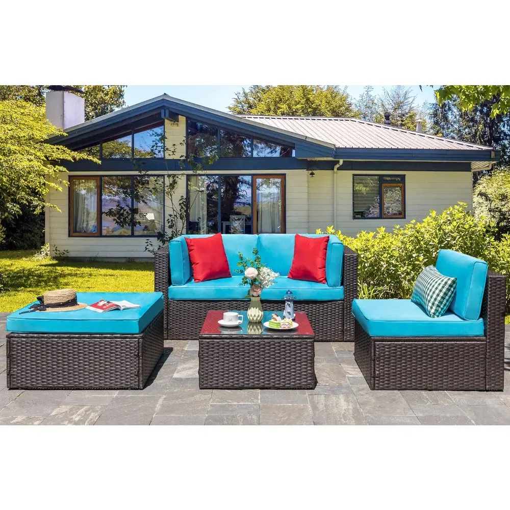 5 piece furniture sets, all-weather brown pe wicker outdoor couch sectional small patio conversation garden sofa set w/ottoman,