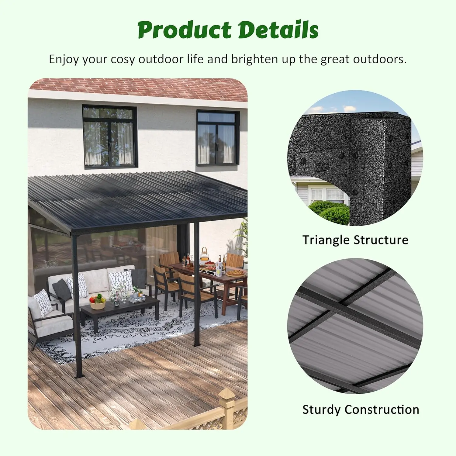 10x14 FT Hardtop Wall-Mounted Full Metal Roof Gazebo with Triangle Structure, Outdoor Pergola Canopy with Iron Frame