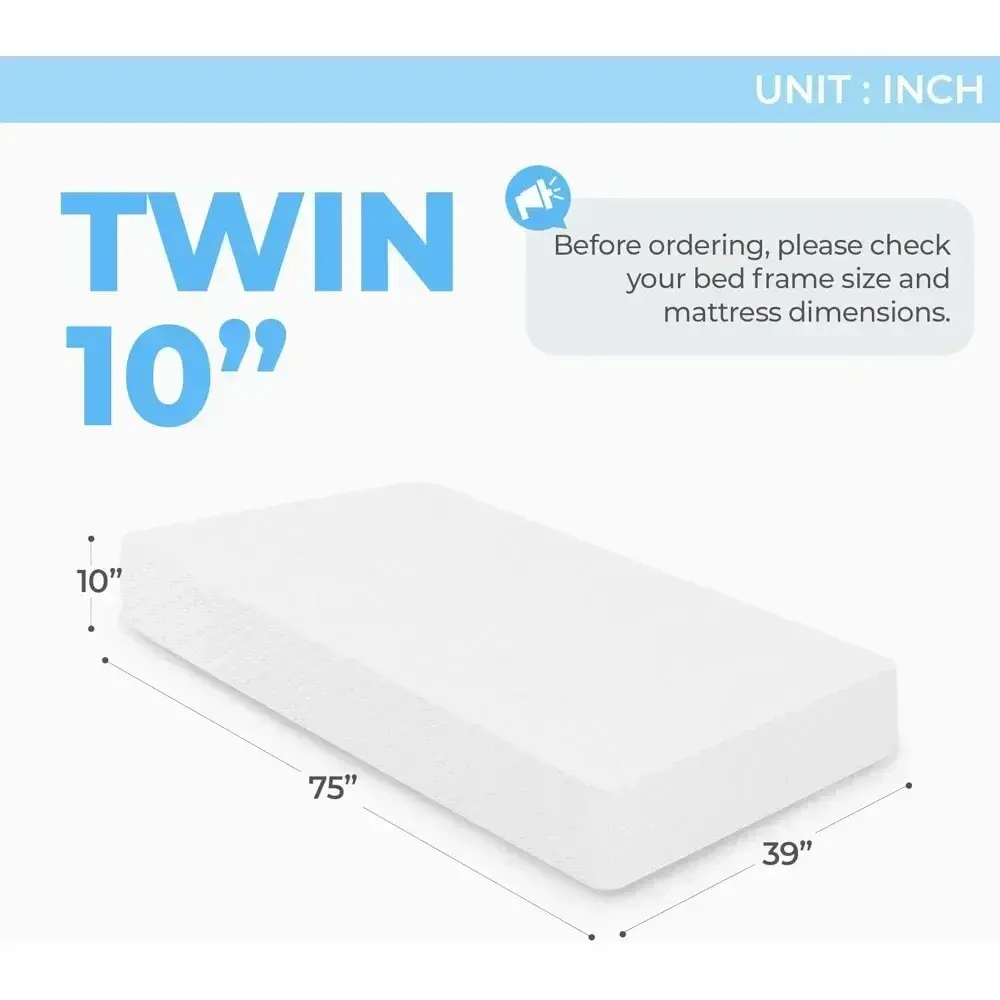 10 Inch Twin Cooling Gel Memory Foam Medium Firm Mattress Cool Sleep Pressure Relief CertiPUR-US Certified Foam, Mattress-in-a-