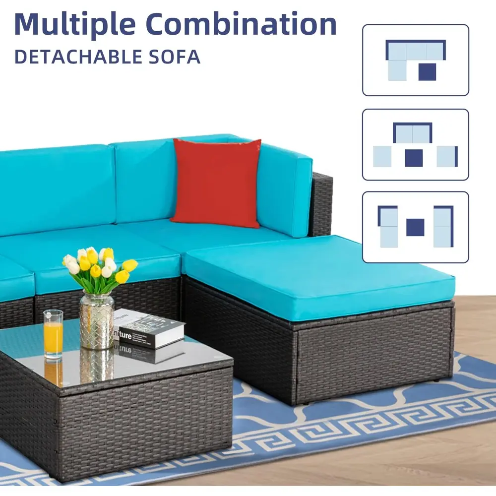 5 piece furniture sets, all-weather brown pe wicker outdoor couch sectional small patio conversation garden sofa set w/ottoman,