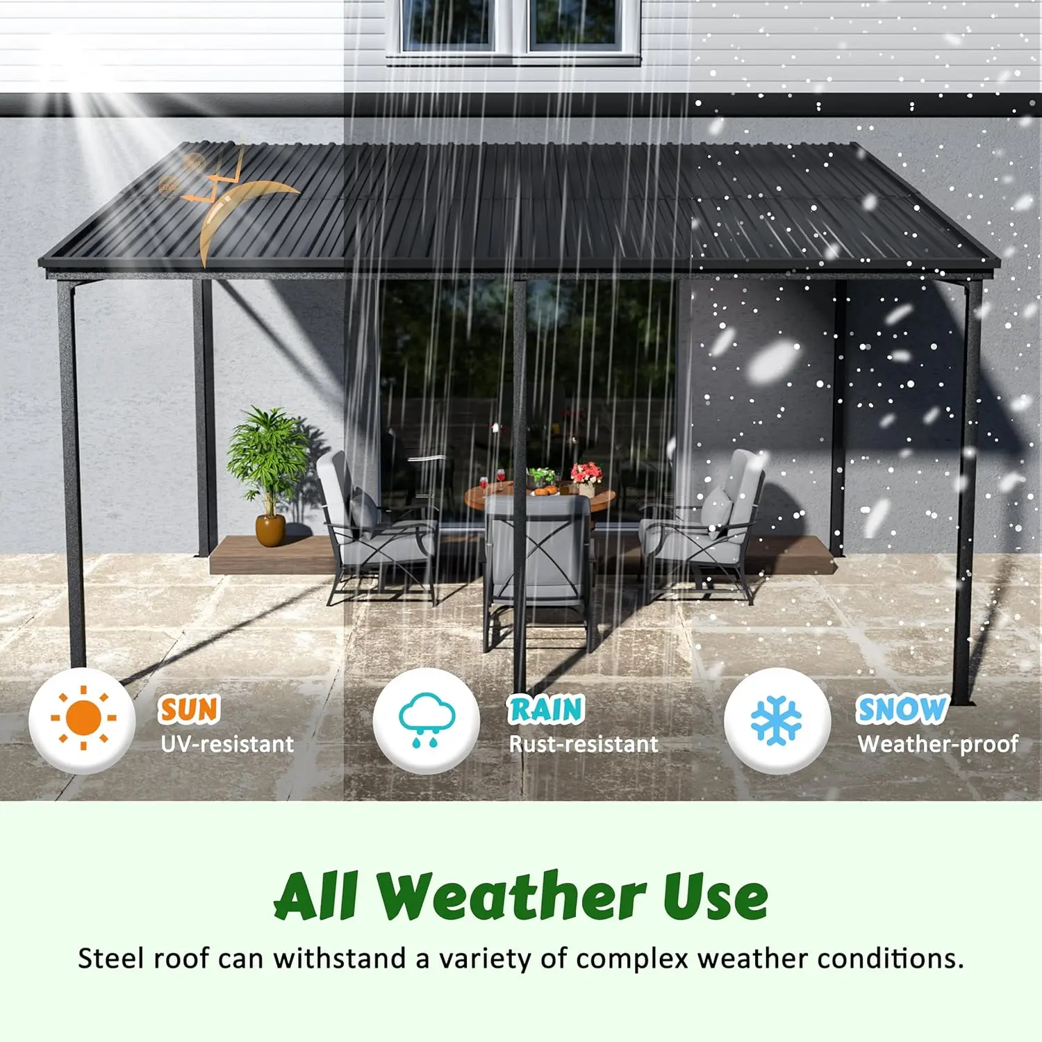10x14 FT Hardtop Wall-Mounted Full Metal Roof Gazebo with Triangle Structure, Outdoor Pergola Canopy with Iron Frame
