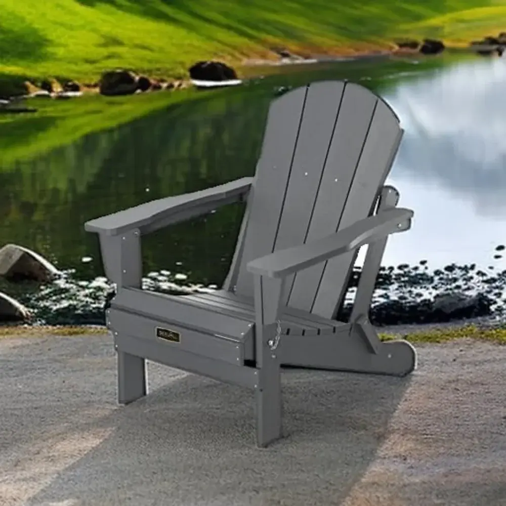 Gray Folding Adirondack Chair for Outdoor Patio and Fire Pit Use