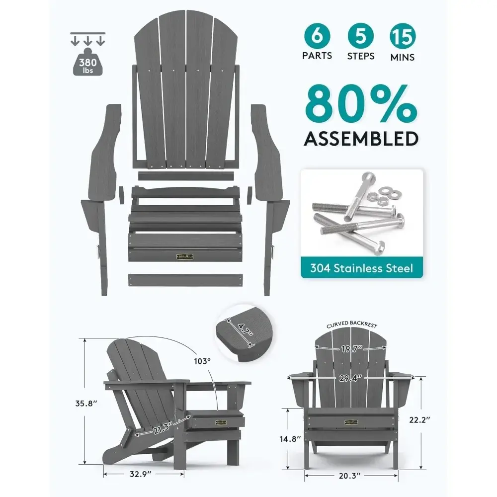 Gray Folding Adirondack Chair for Outdoor Patio and Fire Pit Use