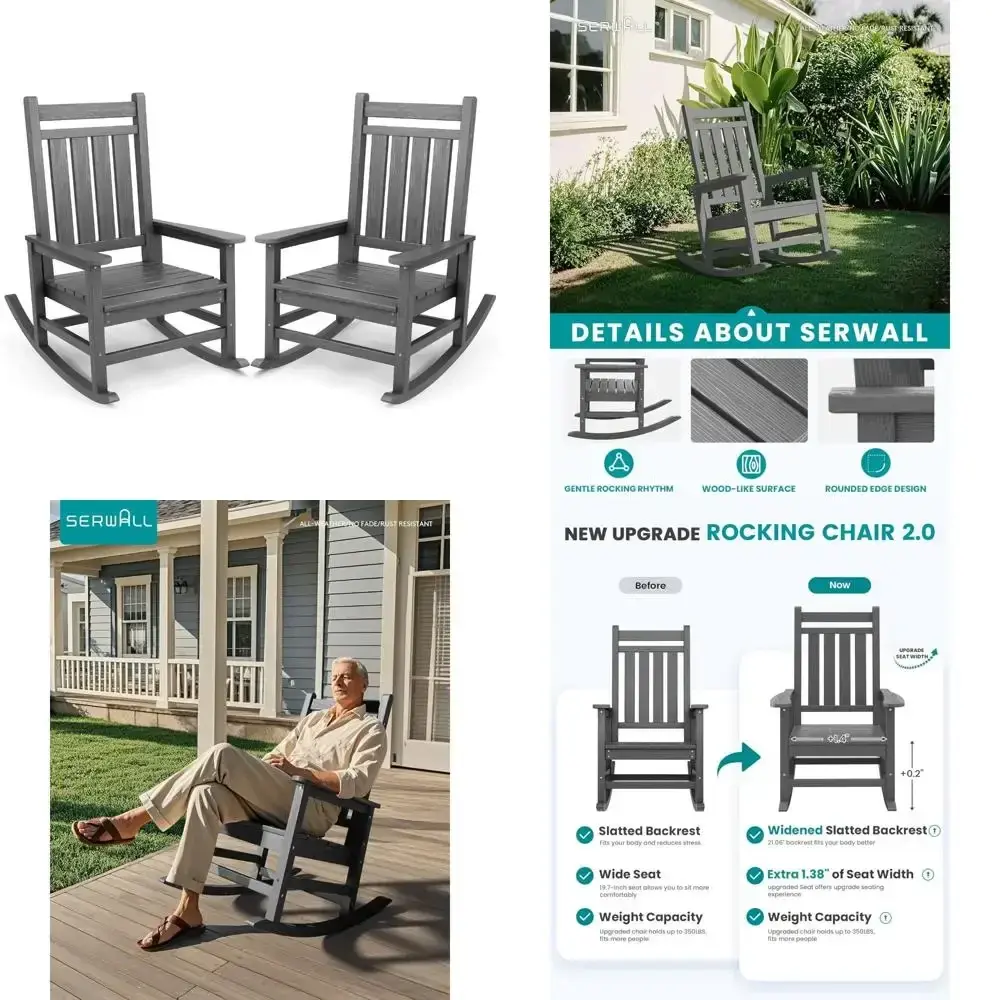 "Pair of Large-Sized HDPE Adult Patio Rocking Chairs for Porch in Grey"