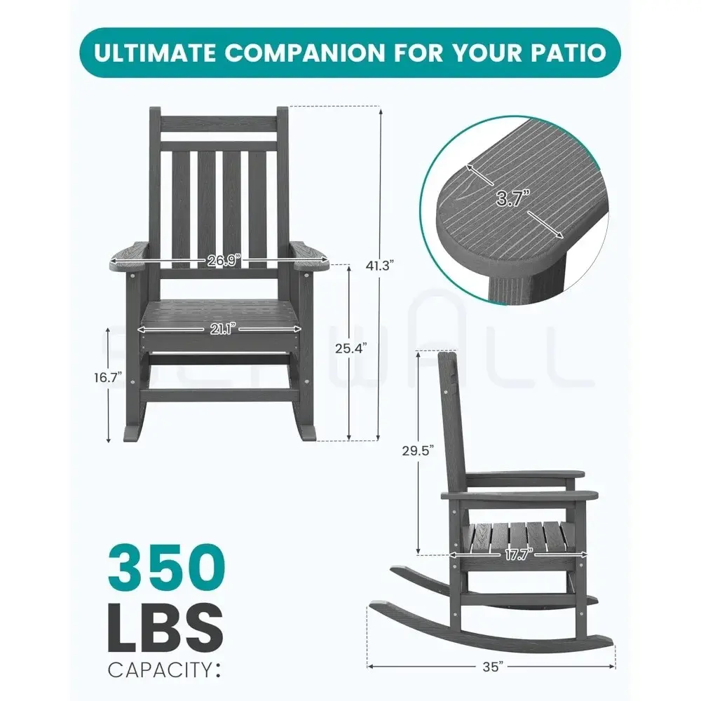 "Pair of Large-Sized HDPE Adult Patio Rocking Chairs for Porch in Grey"