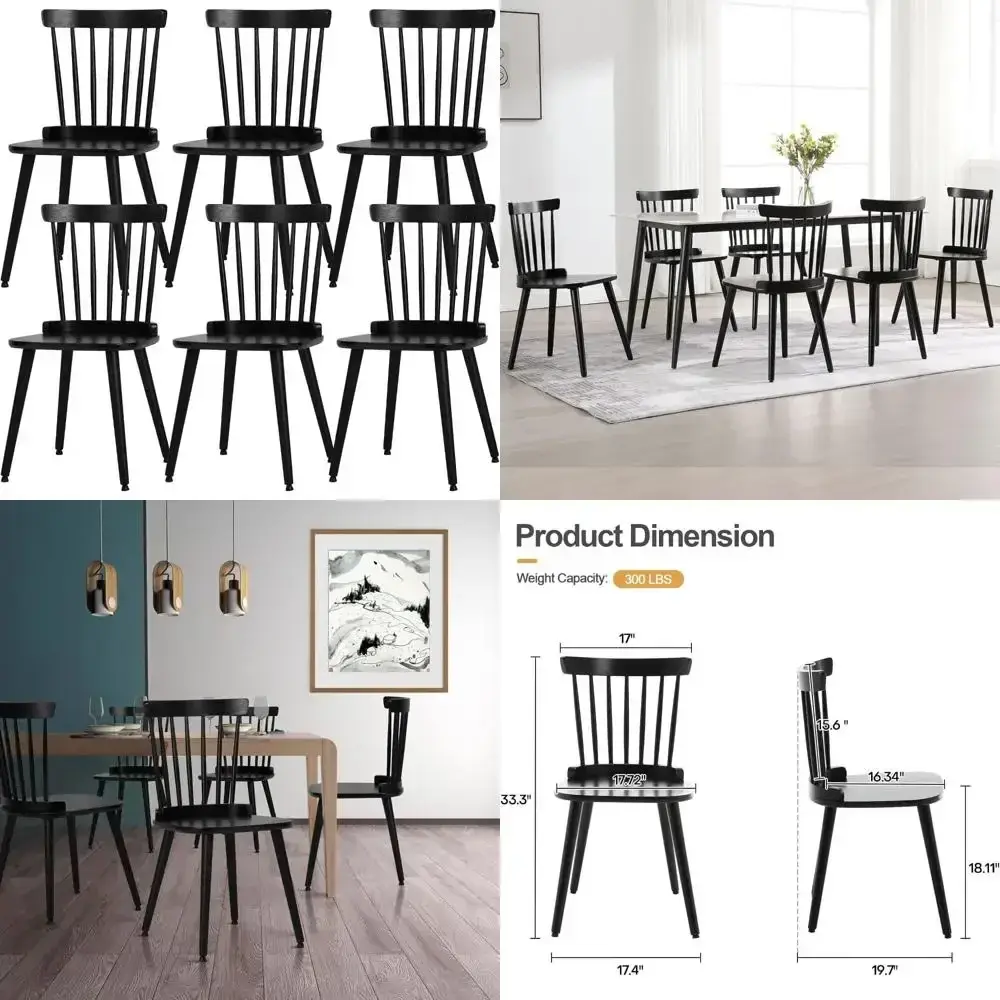 Farmhouse Style Solid Wood Spindle Back Side Chairs Set of 6, Mid-Century Modern Black Armless Dining Chairs for Kitchen