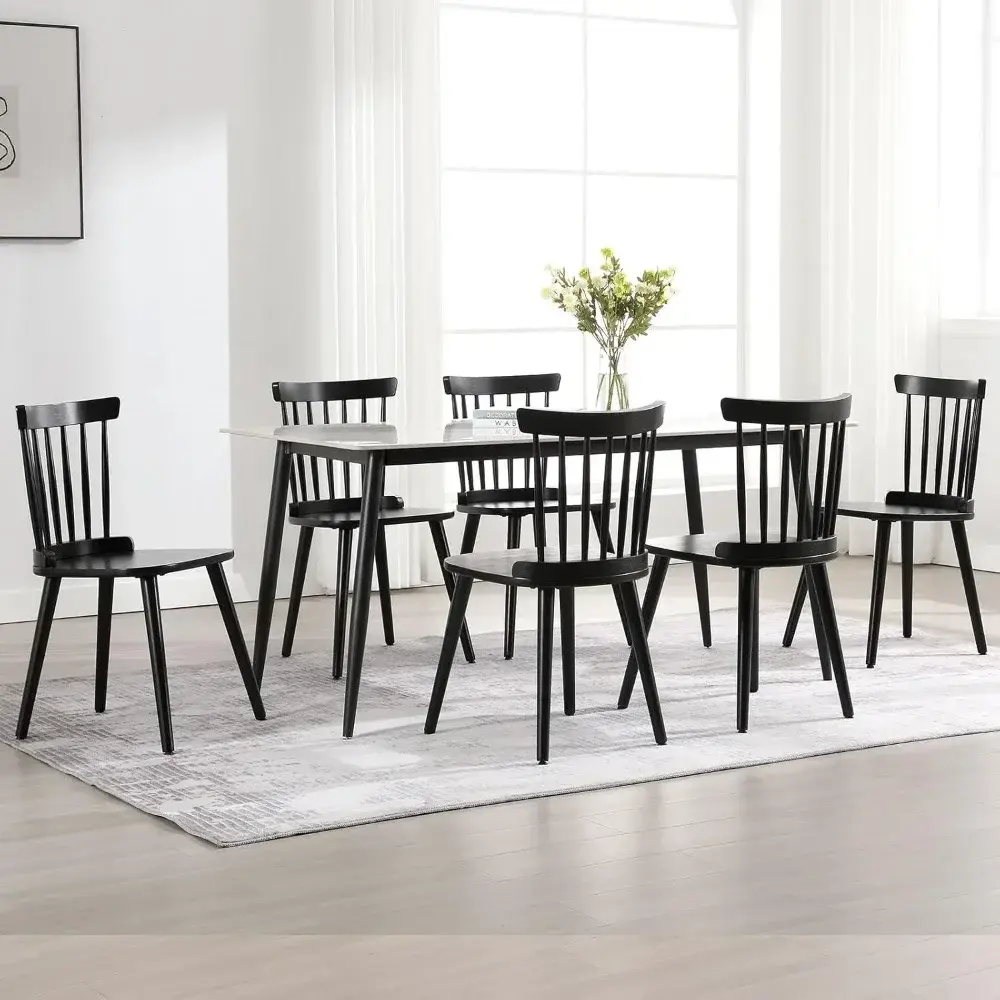 Farmhouse Style Solid Wood Spindle Back Side Chairs Set of 6, Mid-Century Modern Black Armless Dining Chairs for Kitchen