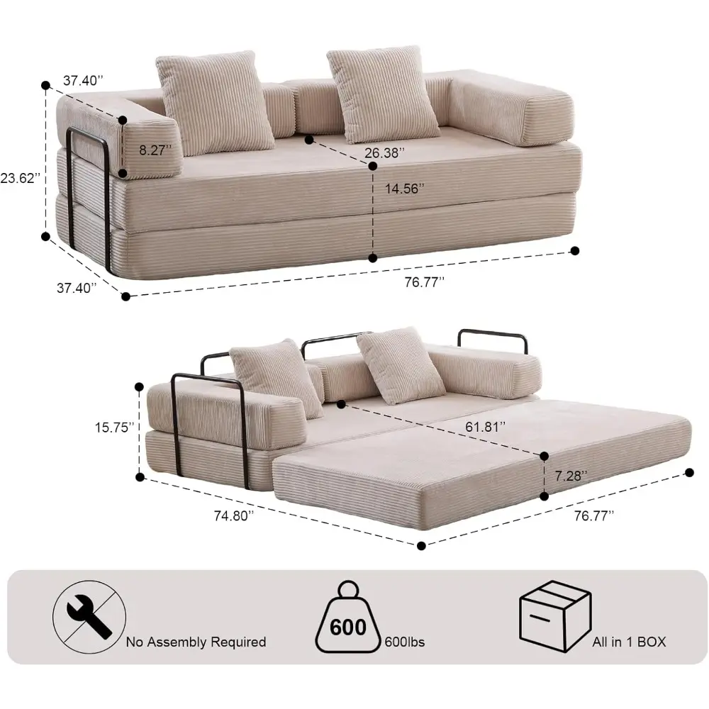 convertible sofa bed with folding mattress and fixed-frame design, corduroy upholstered floor sofa with armrests, lounge floor s