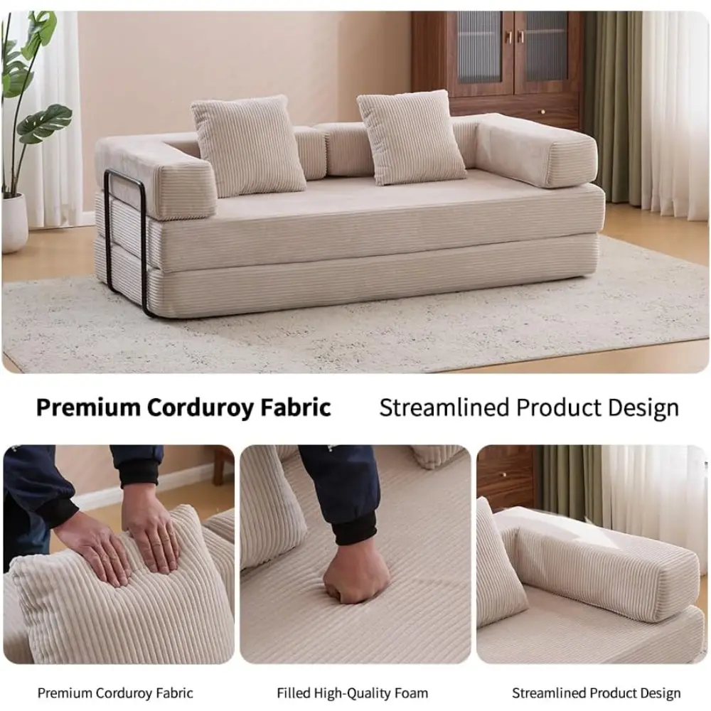 convertible sofa bed with folding mattress and fixed-frame design, corduroy upholstered floor sofa with armrests, lounge floor s