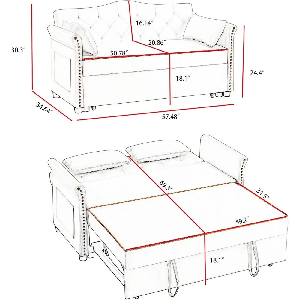 "58 inch velvet convertible sofa bed with pull-out sleeper, storage, and adjustable backrest for small spaces"