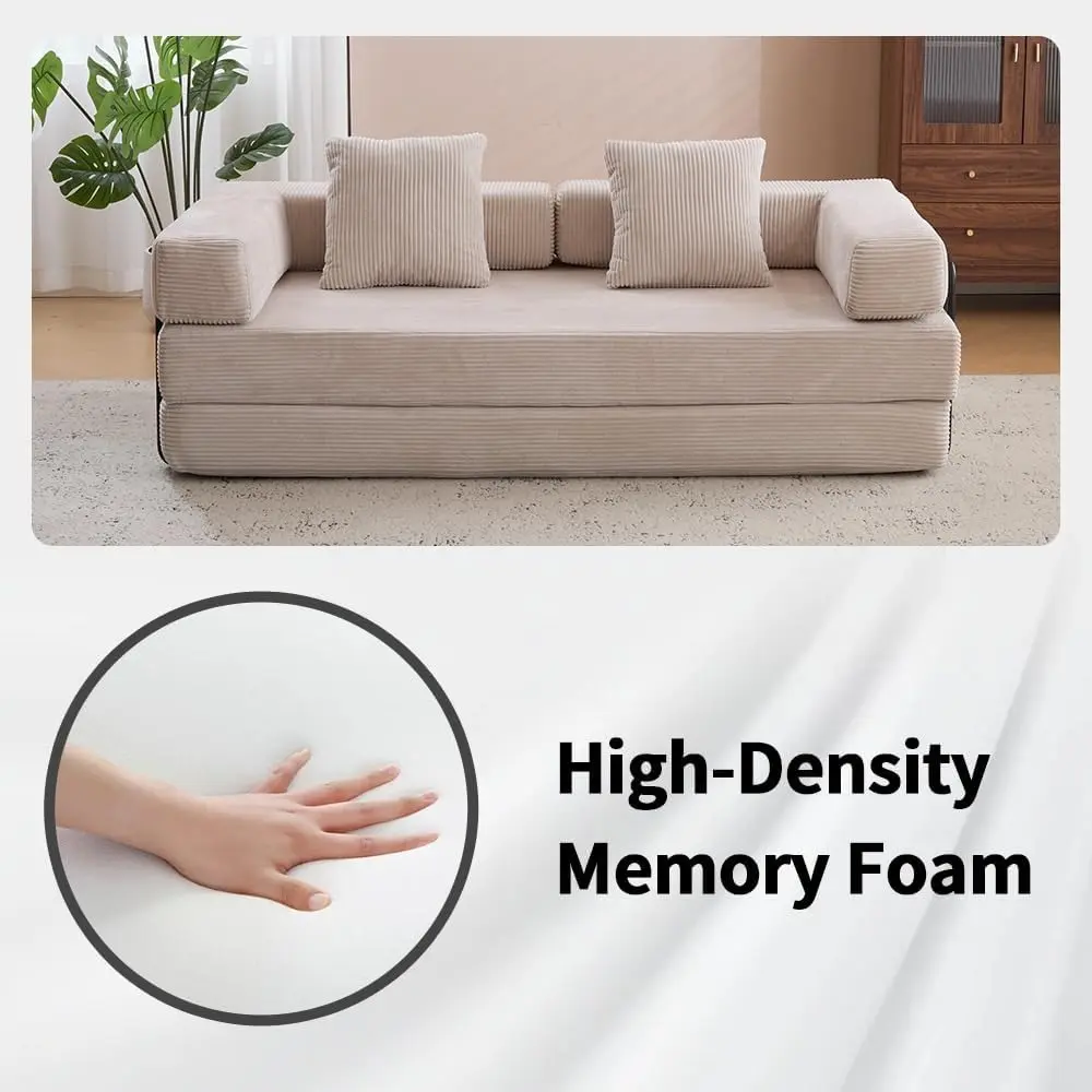 convertible sofa bed with folding mattress and fixed-frame design, corduroy upholstered floor sofa with armrests, lounge floor s