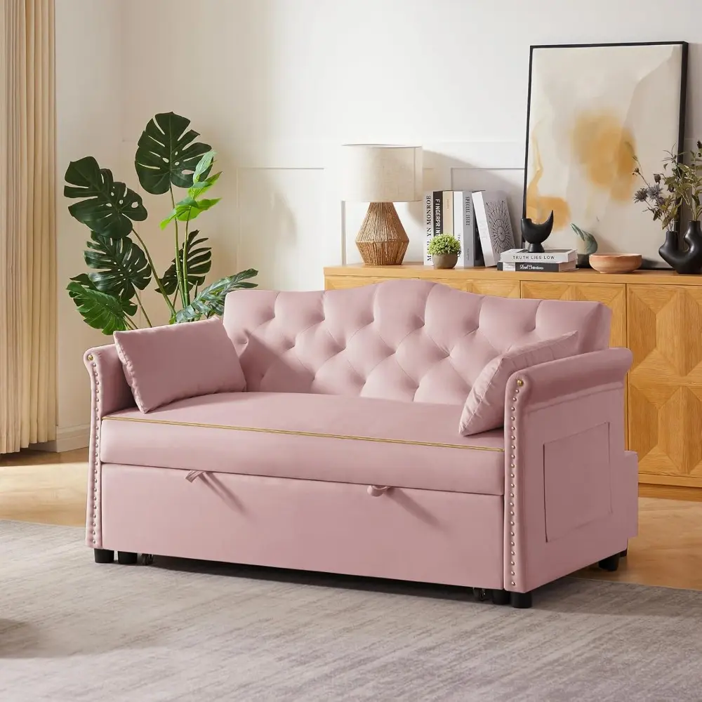 "58 inch velvet convertible sofa bed with pull-out sleeper, storage, and adjustable backrest for small spaces"