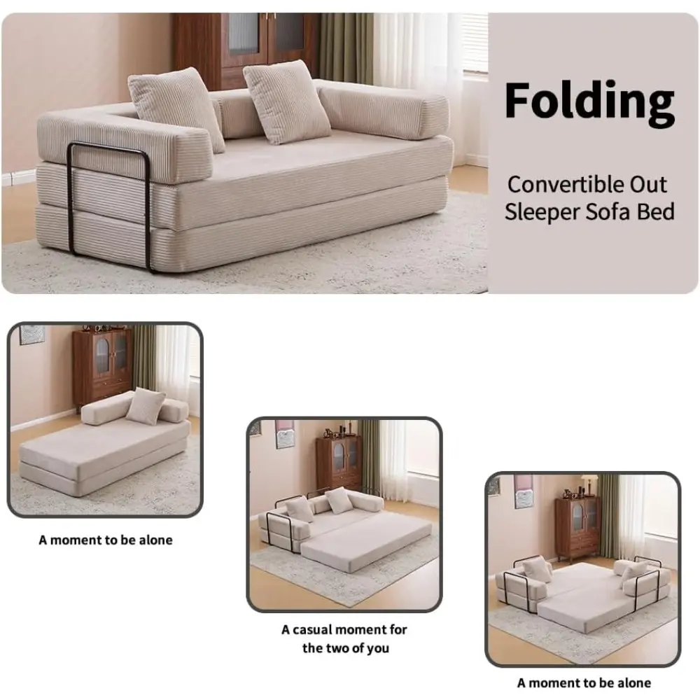 convertible sofa bed with folding mattress and fixed-frame design, corduroy upholstered floor sofa with armrests, lounge floor s