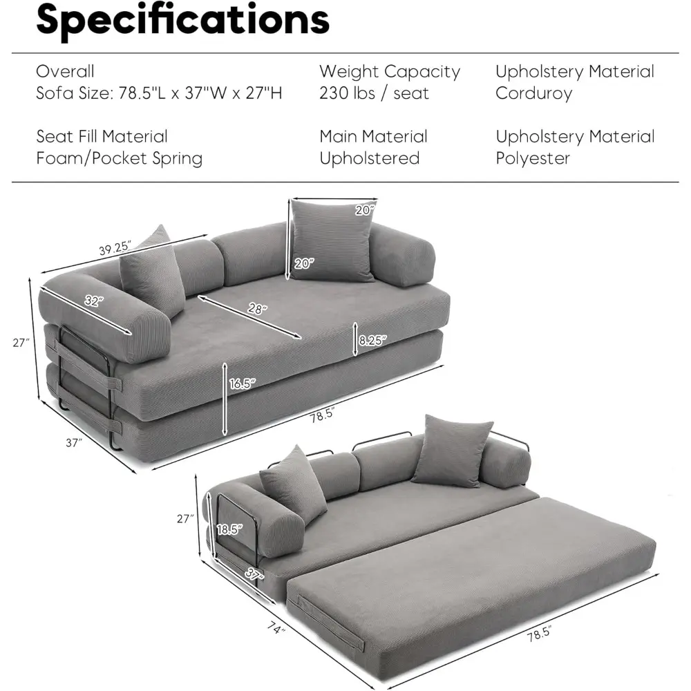 cylindrical pillow sofa bed with corduroy folding mattress and fixed frame lounge