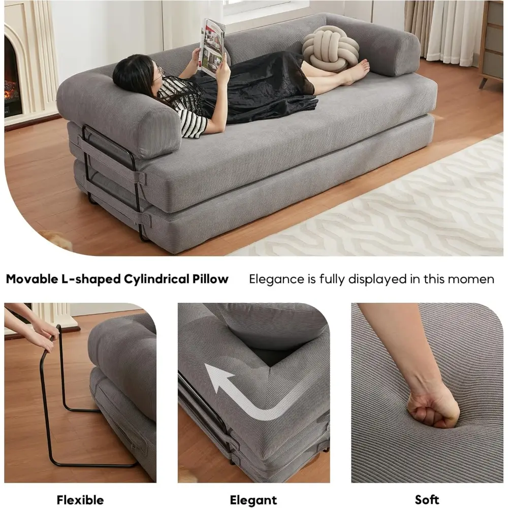 cylindrical pillow sofa bed with corduroy folding mattress and fixed frame lounge