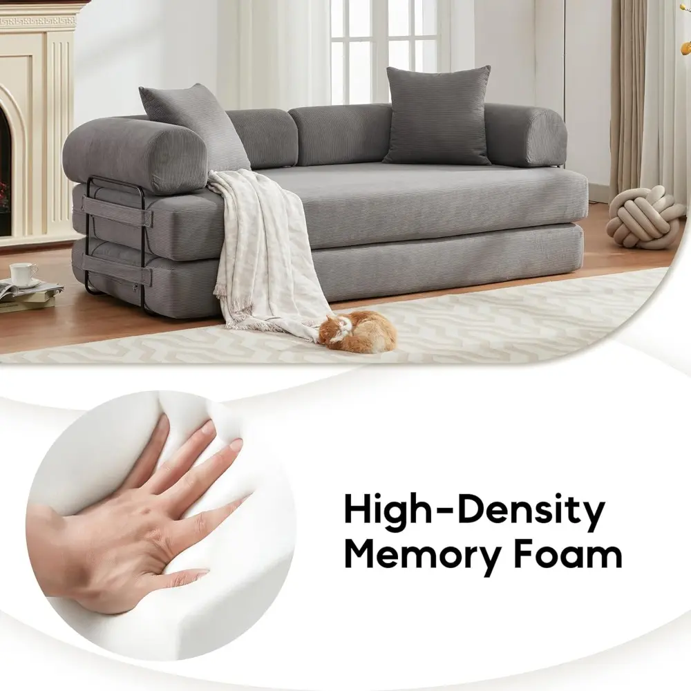 cylindrical pillow sofa bed with corduroy folding mattress and fixed frame lounge