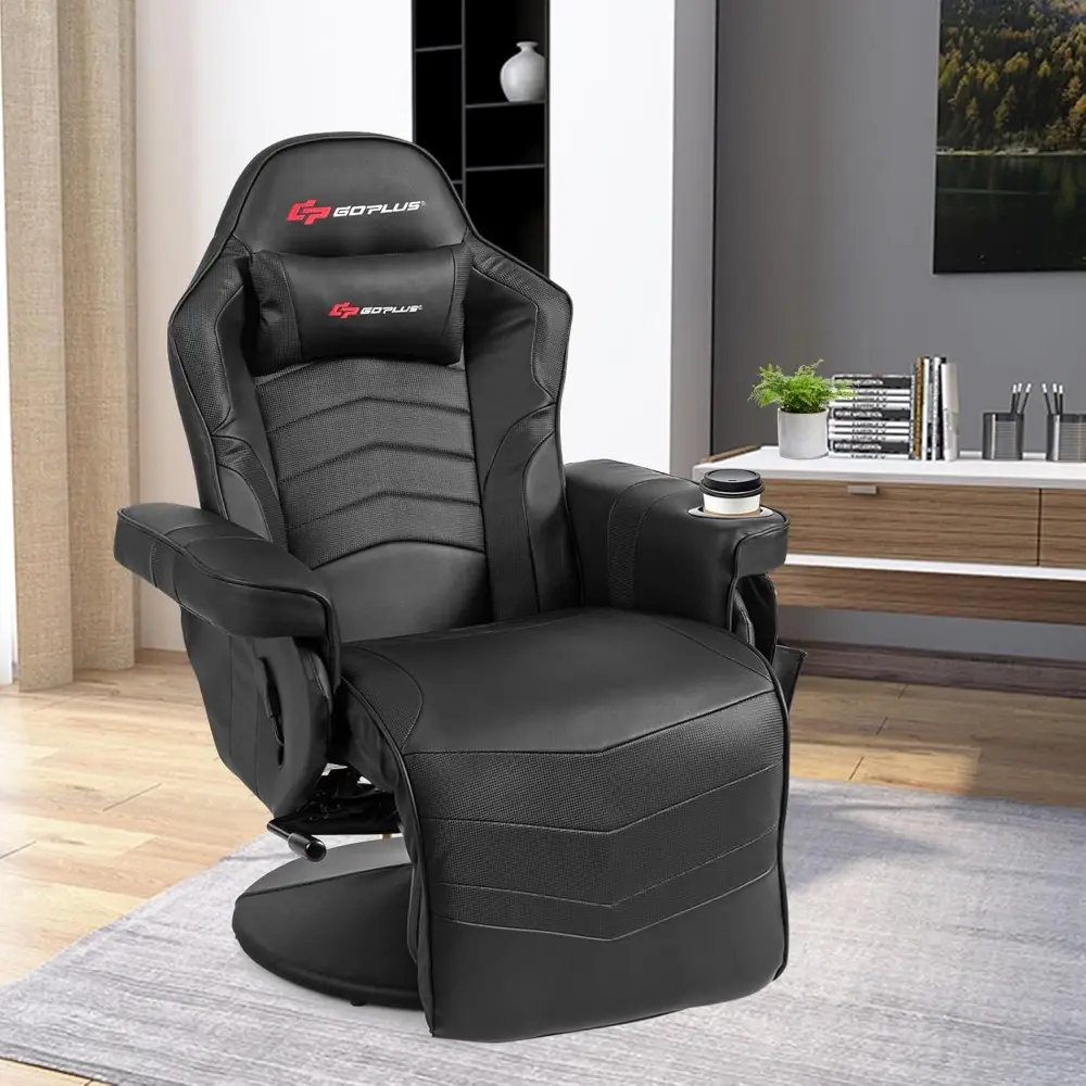ergonomic pu leather gaming recliner with massage, footrest, cup holder, and side pouch