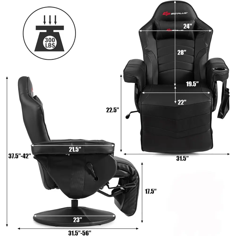 ergonomic pu leather gaming recliner with massage, footrest, cup holder, and side pouch