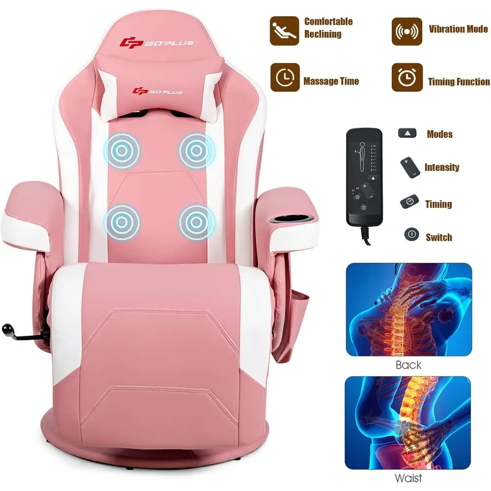 ergonomic pu leather gaming recliner with massage, cup holder, footrest, and side pocket