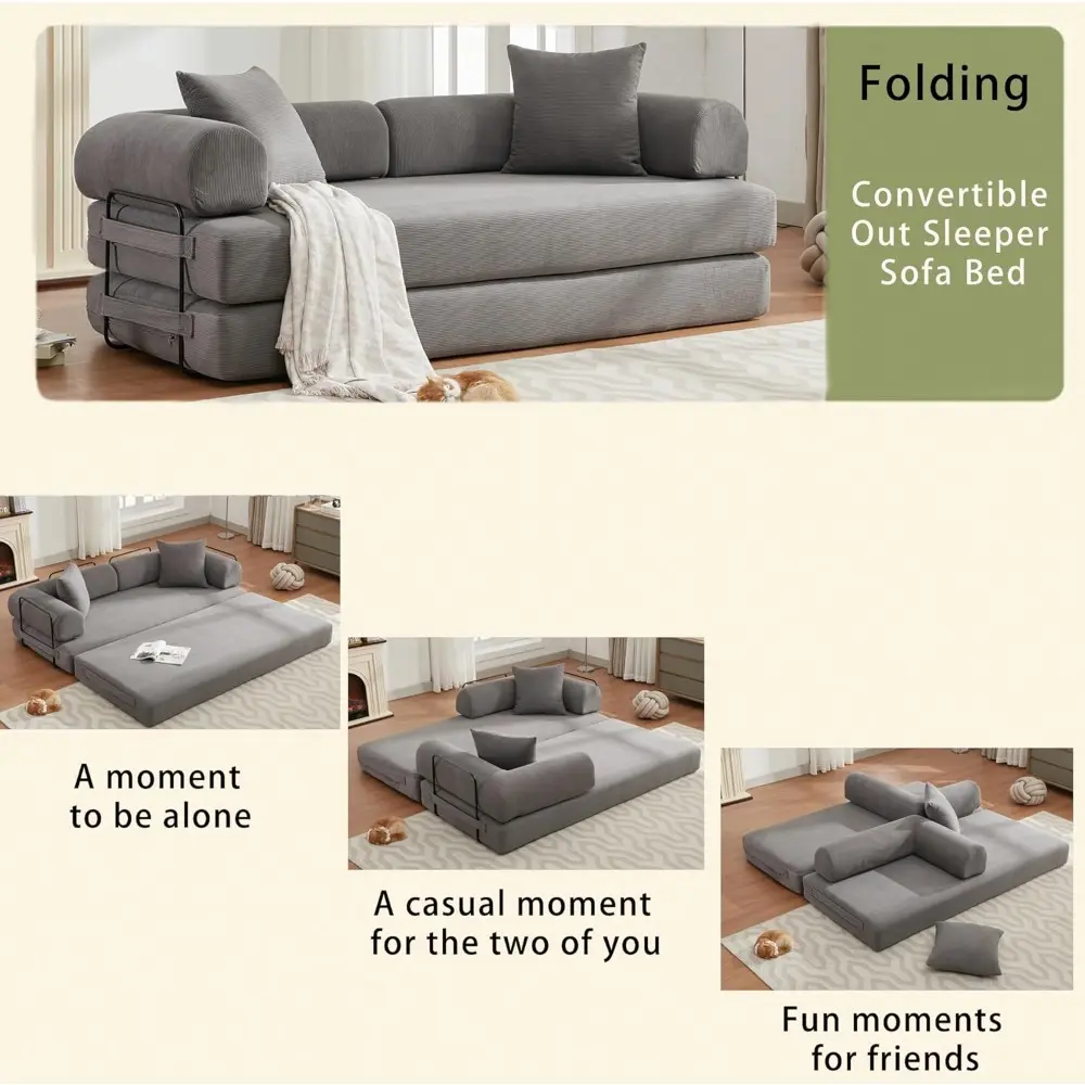 cylindrical pillow sofa bed with corduroy folding mattress and fixed frame lounge