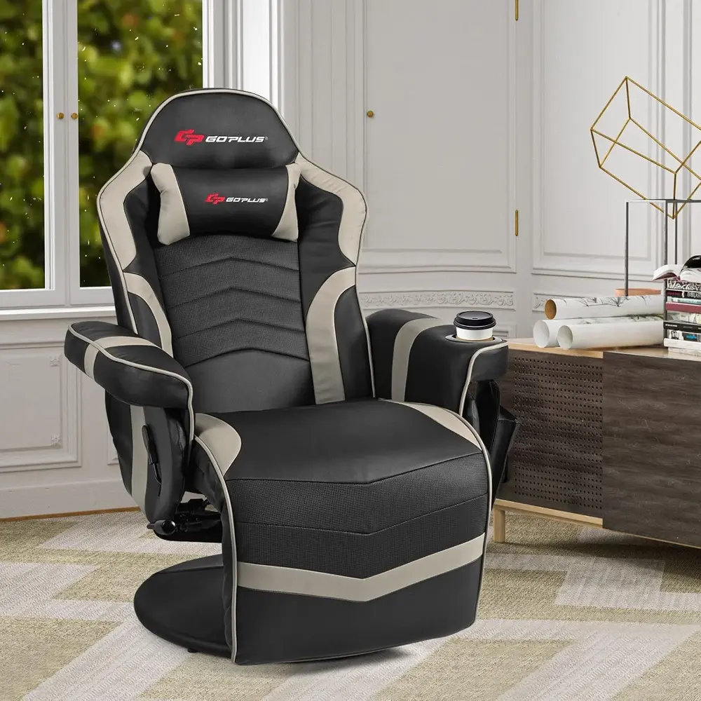 ergonomic pu leather gaming recliner with massage, footrest, cup holder, and side pouch