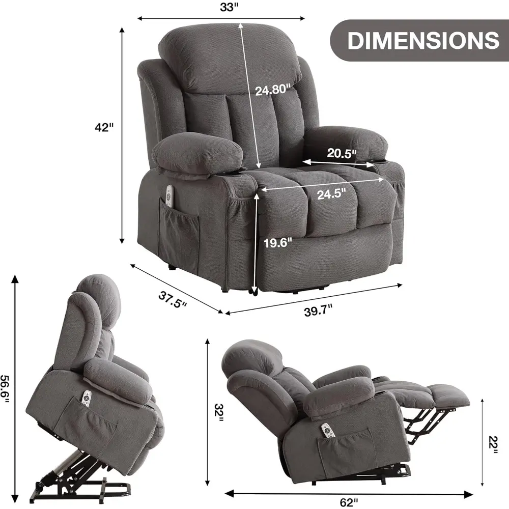 elderly-friendly power lift recliner with vibration massage, lumbar heating, and oversized electric sofa with cup holder