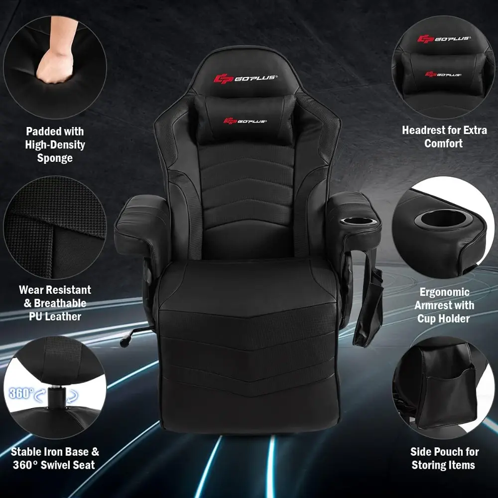 ergonomic pu leather gaming recliner with massage, footrest, cup holder, and side pouch