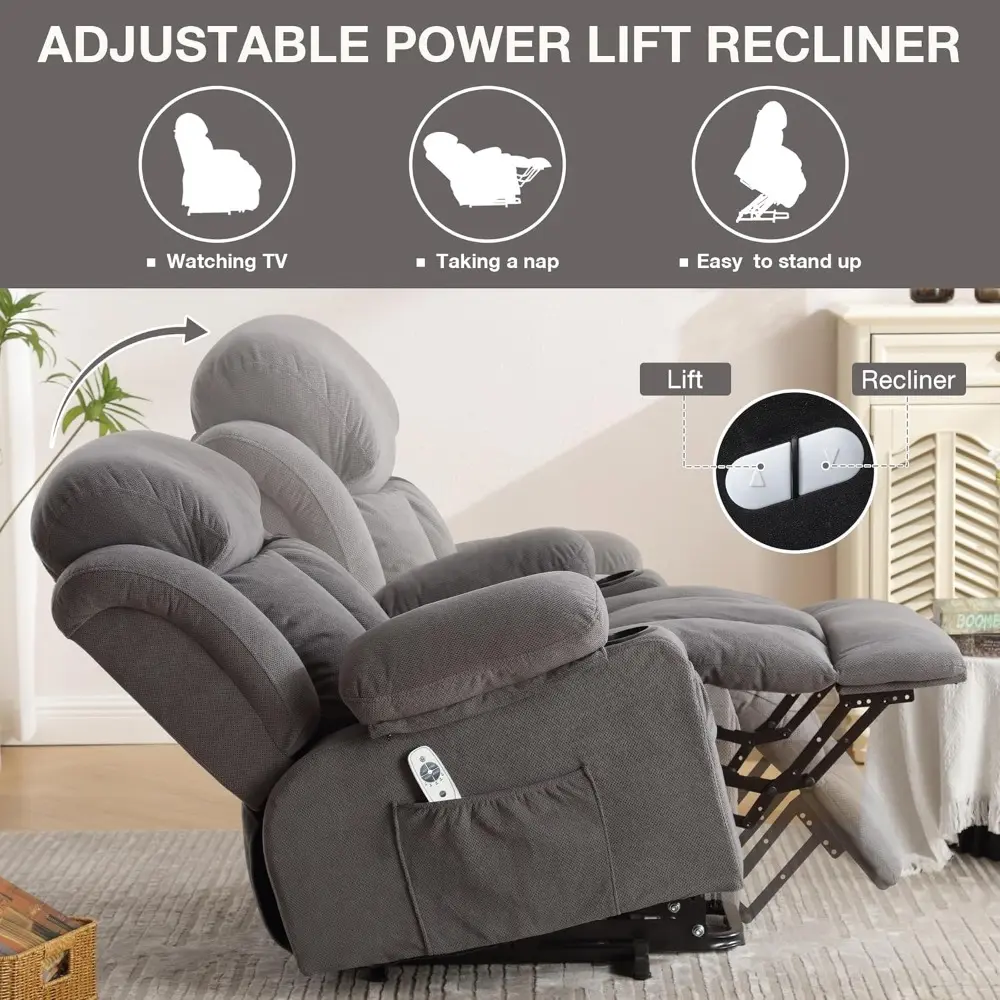 elderly-friendly power lift recliner with vibration massage, lumbar heating, and oversized electric sofa with cup holder