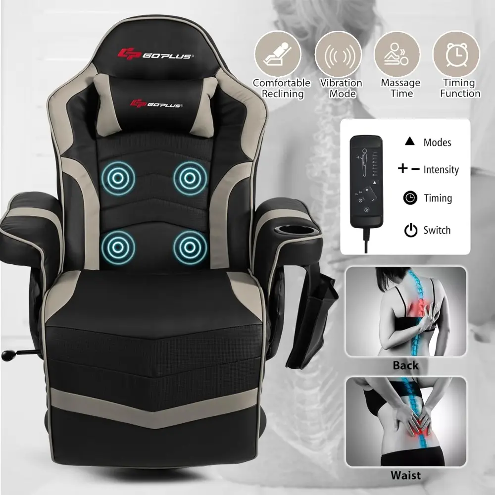 ergonomic pu leather gaming recliner with massage, footrest, cup holder, and side pouch