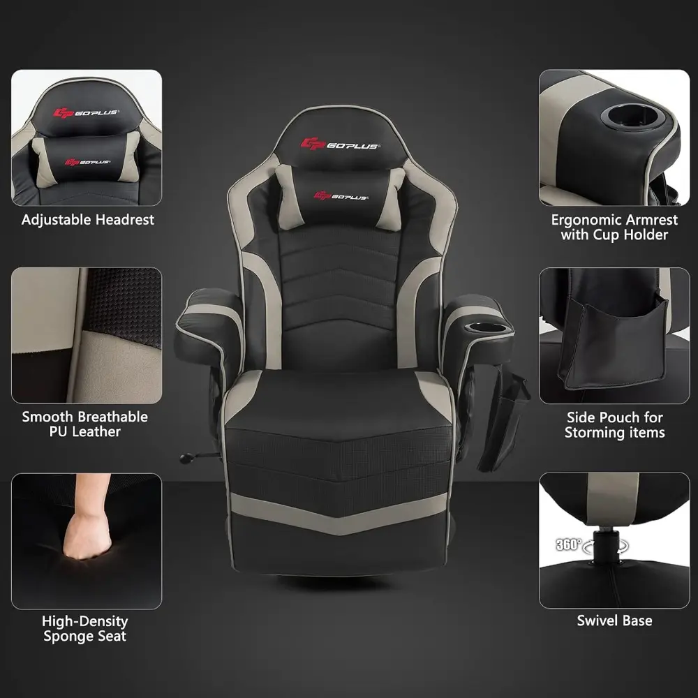 ergonomic pu leather gaming recliner with massage, footrest, cup holder, and side pouch