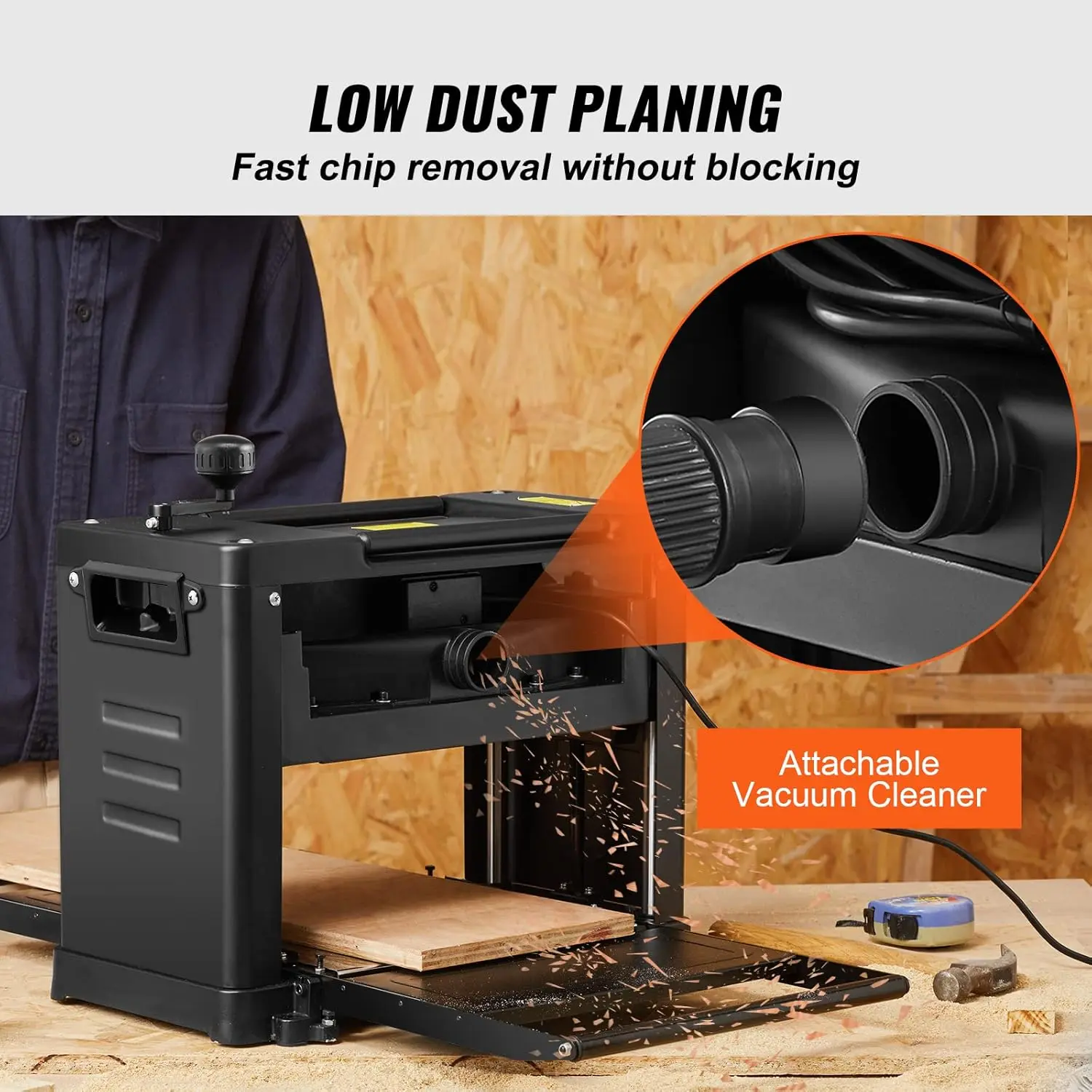Thickness Planer, 13" Width Worktable Benchtop Planer, Two-Blade, 15-Amp 1800W Powerful Motor, 12" Extended Infeeding Table