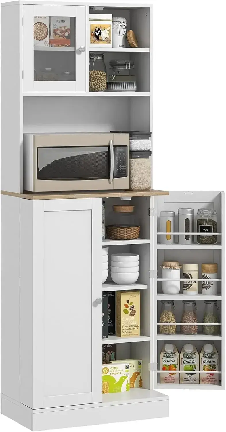 66.5" Pantry Cabinet with Microwave Stand, Food Pantry Cabinet for Dining Room, Kitchen Storage, Adjustable Shelves, White