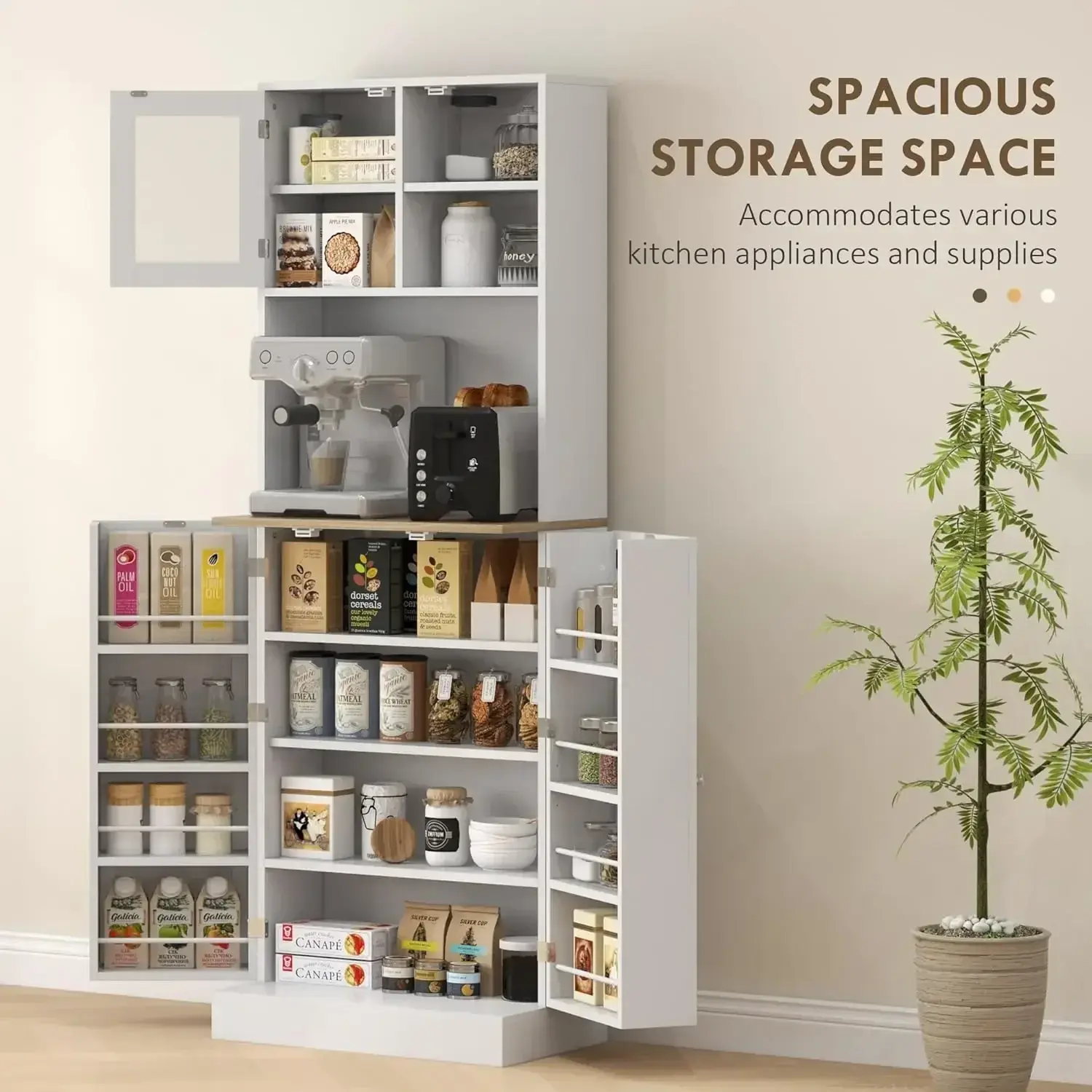 66.5" Pantry Cabinet with Microwave Stand, Food Pantry Cabinet for Dining Room, Kitchen Storage, Adjustable Shelves, White