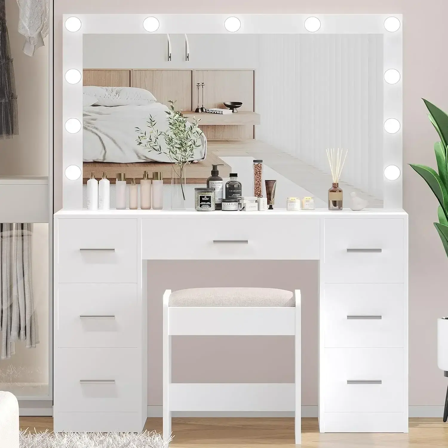 Vanity Desk with Stool, Makeup Table, Brightness Adjustable with Lighted Mirror, 3 Color Lighting Modes