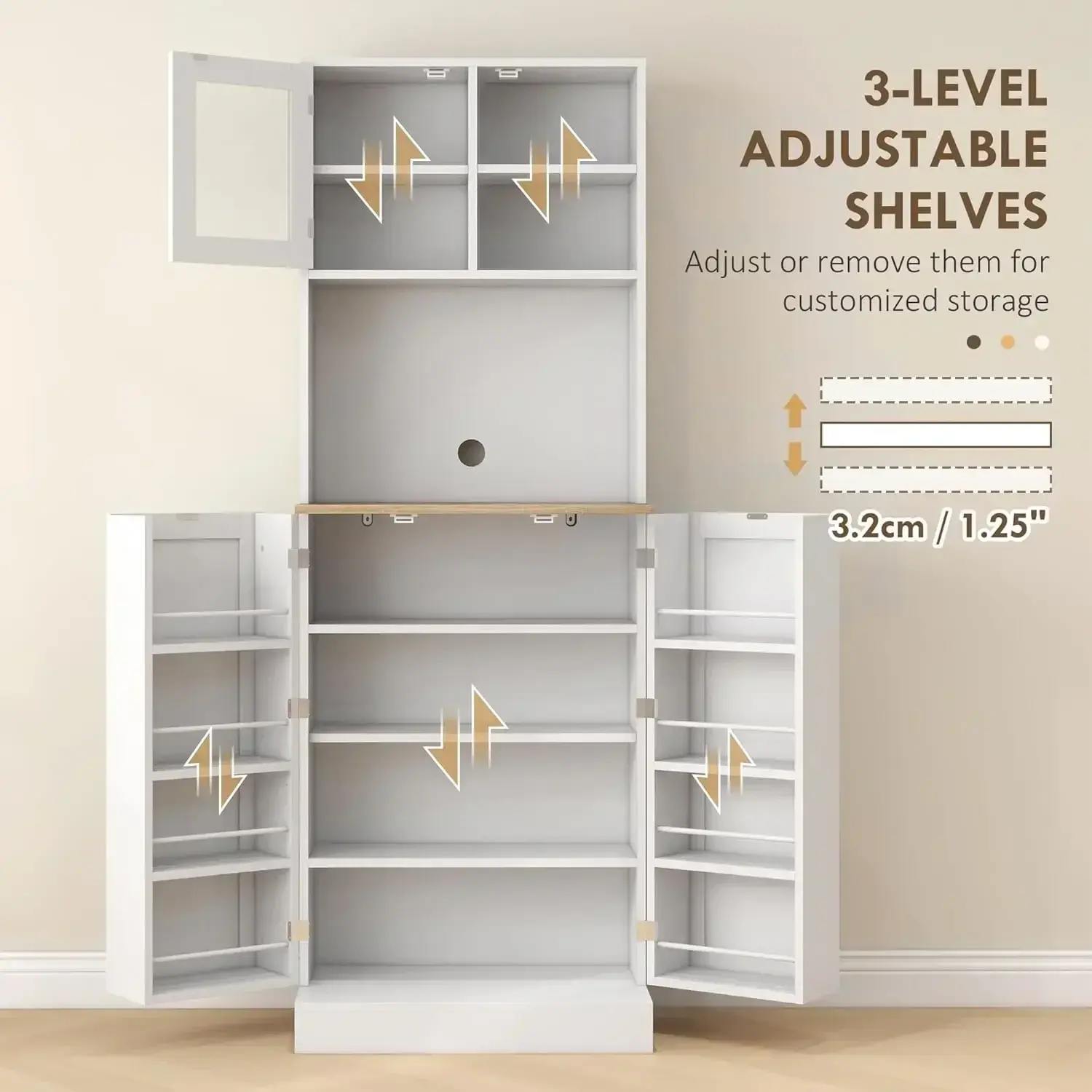 66.5" Pantry Cabinet with Microwave Stand, Food Pantry Cabinet for Dining Room, Kitchen Storage, Adjustable Shelves, White