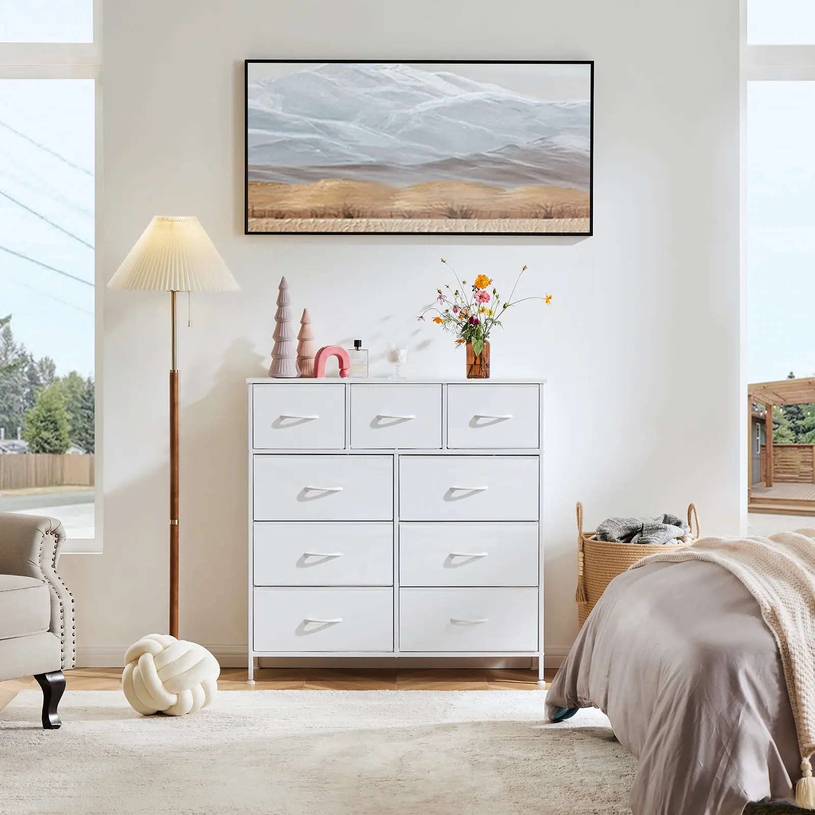 Fabric Storage Dresser with 9 Drawers, Steel Frame and Wooden Top for Bedroom, Closet, Entryway and Nursery, White
