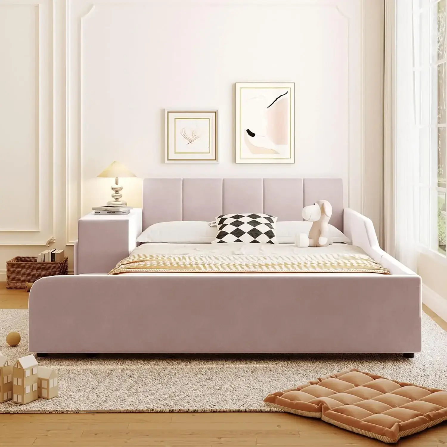 Velvet Upholstered Grounded Bed Platform Bed, Wooden Full Size Mother & Child Bed Frame with Bedside Desk and Little Round Stool