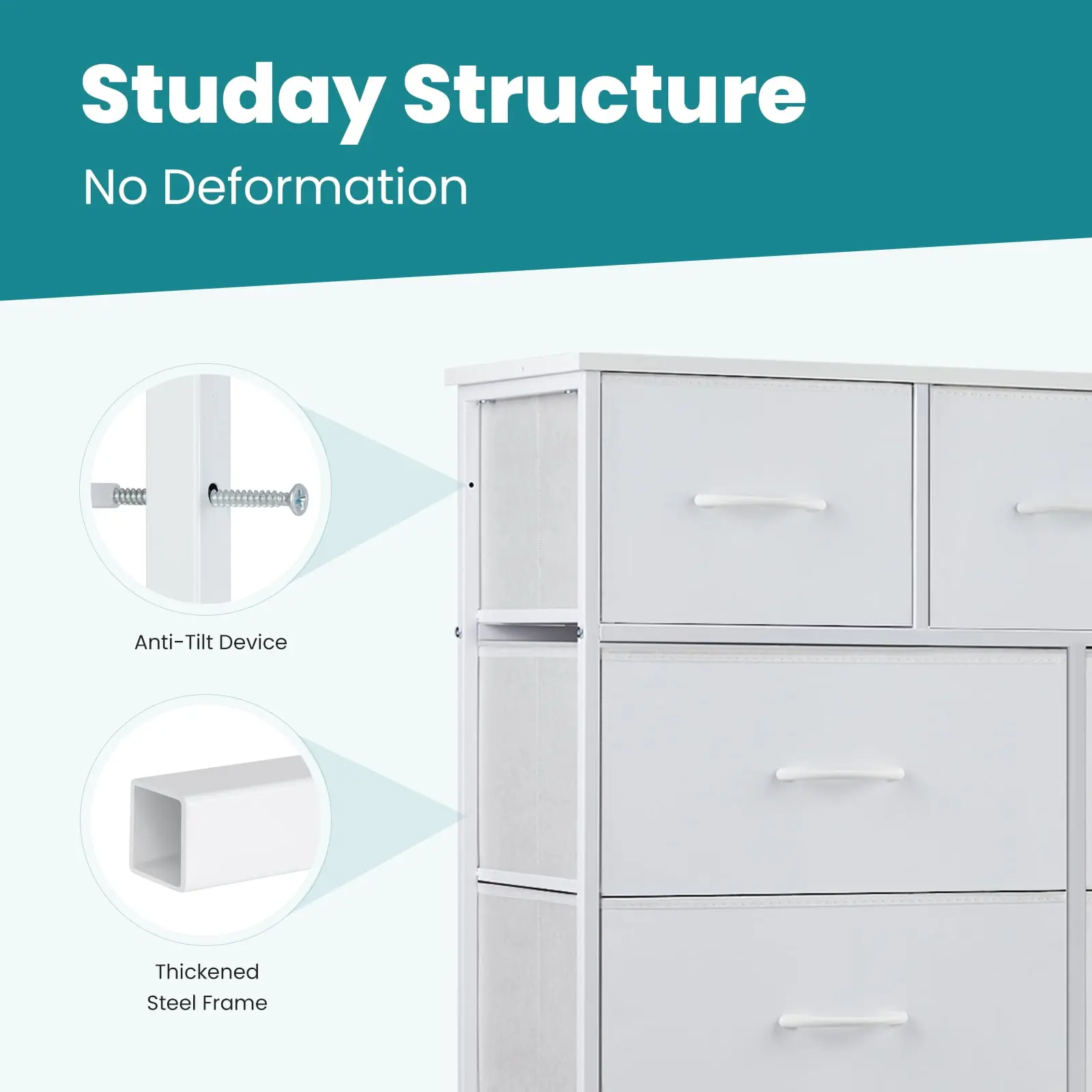 Fabric Storage Dresser with 9 Drawers, Steel Frame and Wooden Top for Bedroom, Closet, Entryway and Nursery, White