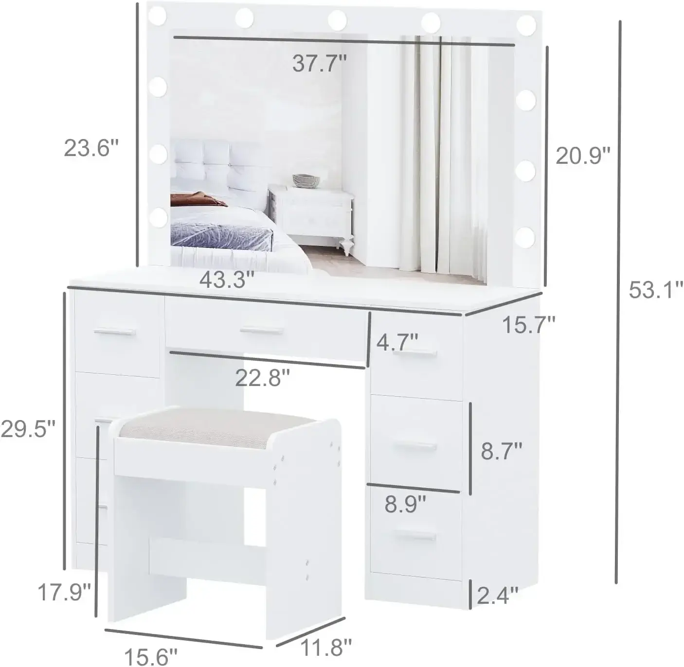 Vanity Desk with Stool, Makeup Table, Brightness Adjustable with Lighted Mirror, 3 Color Lighting Modes