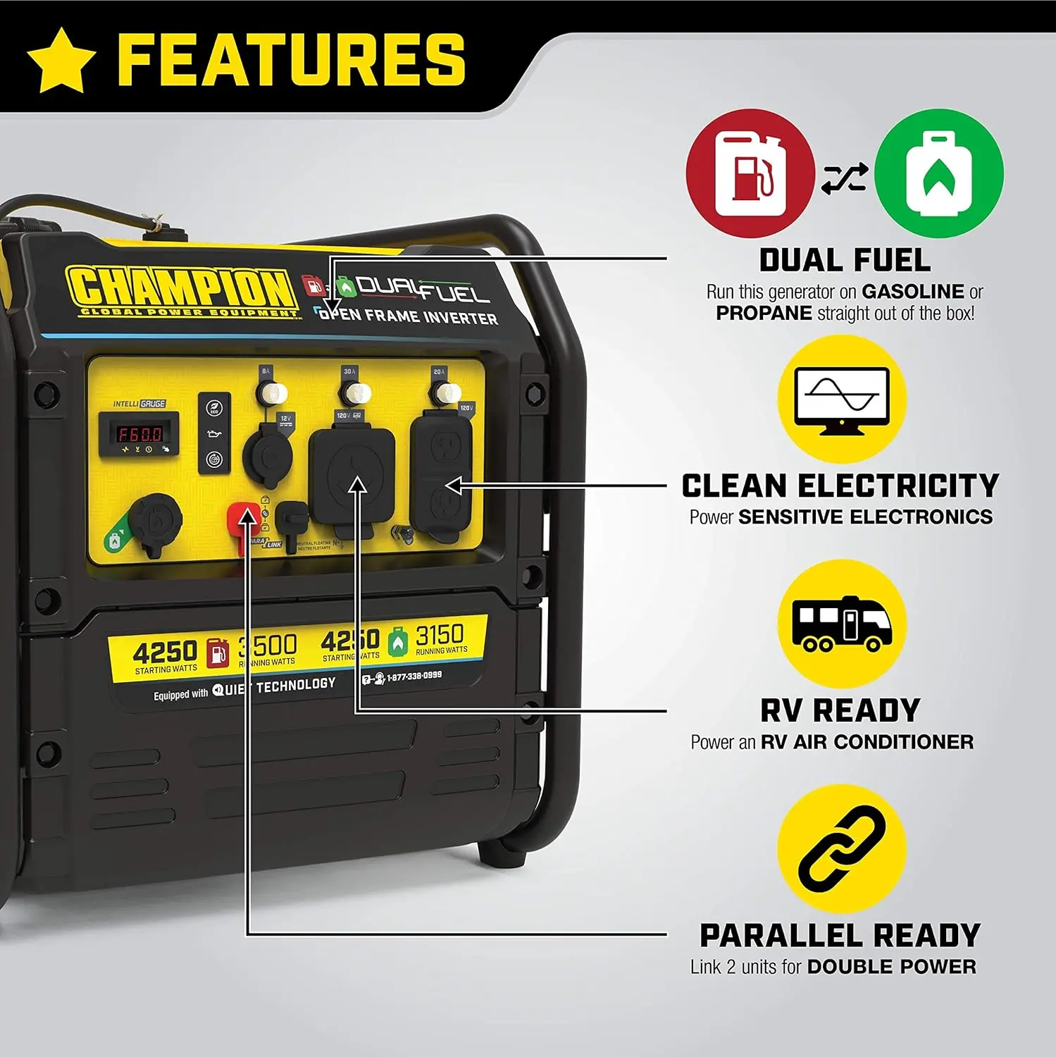 4250-Watt Dual Fuel RV Ready Portable Open Frame Inverter Generator with Quiet Technology