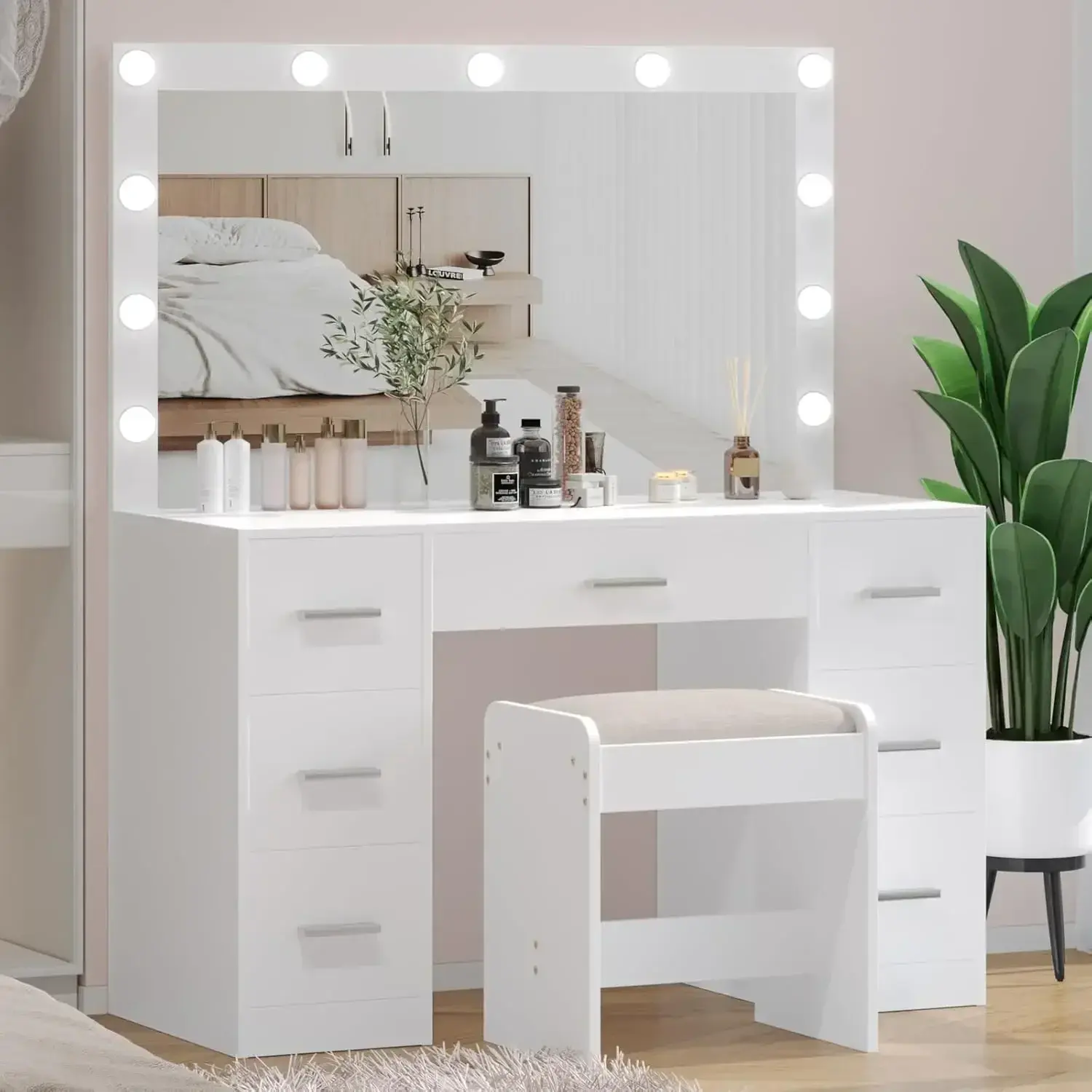 Vanity Desk with Stool, Makeup Table, Brightness Adjustable with Lighted Mirror, 3 Color Lighting Modes