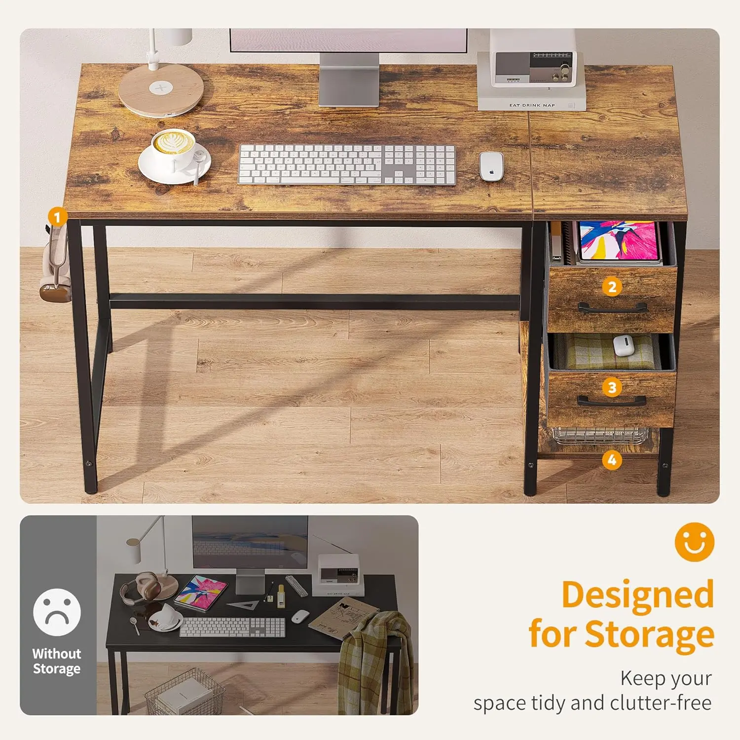 Computer Desk with 2 Drawers, 40 Inch Small Home Office Desk Study Writing Table, Rustic Brown