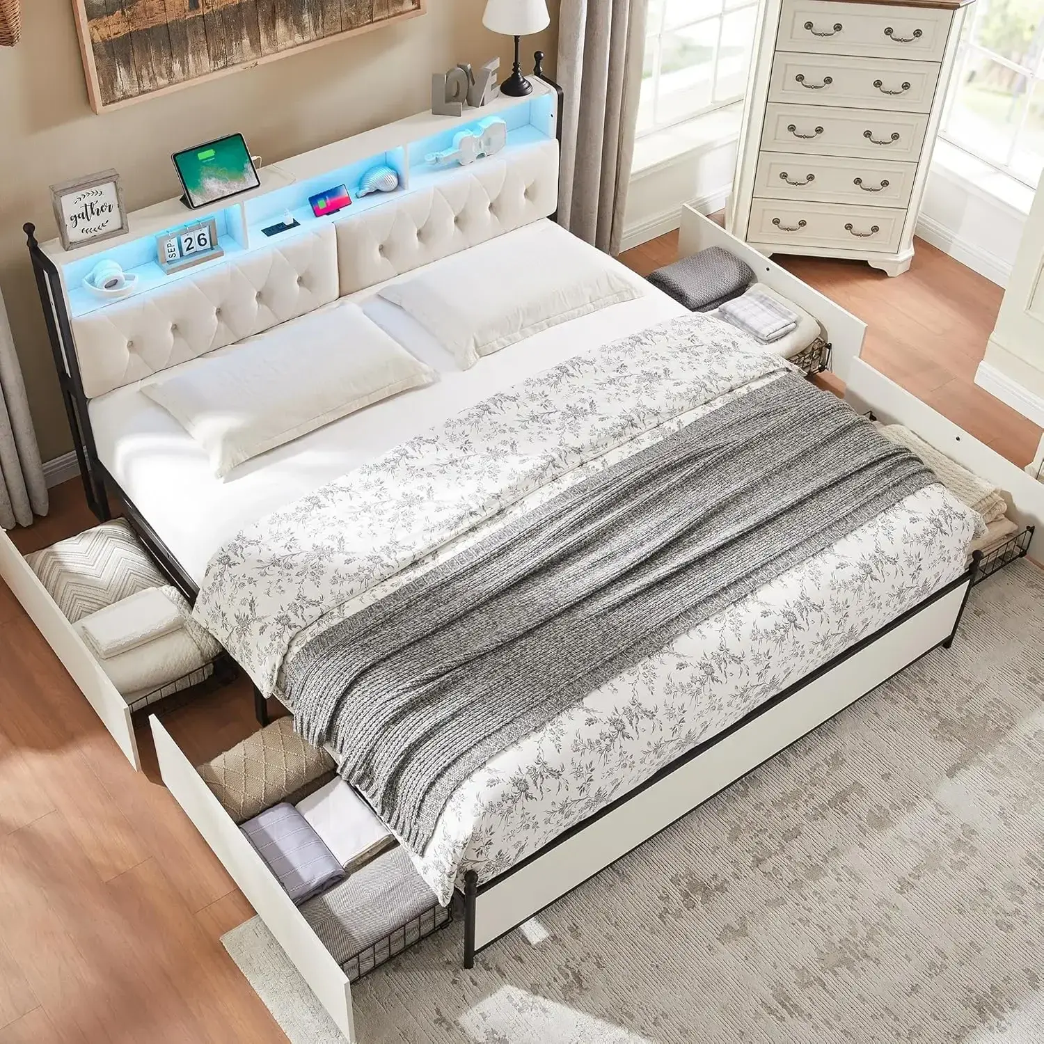King Size Bed Frame with Upholstered Headboard, Antique White, Modern Farmhouse Wood Metal Platform Bed with Storage Drawers